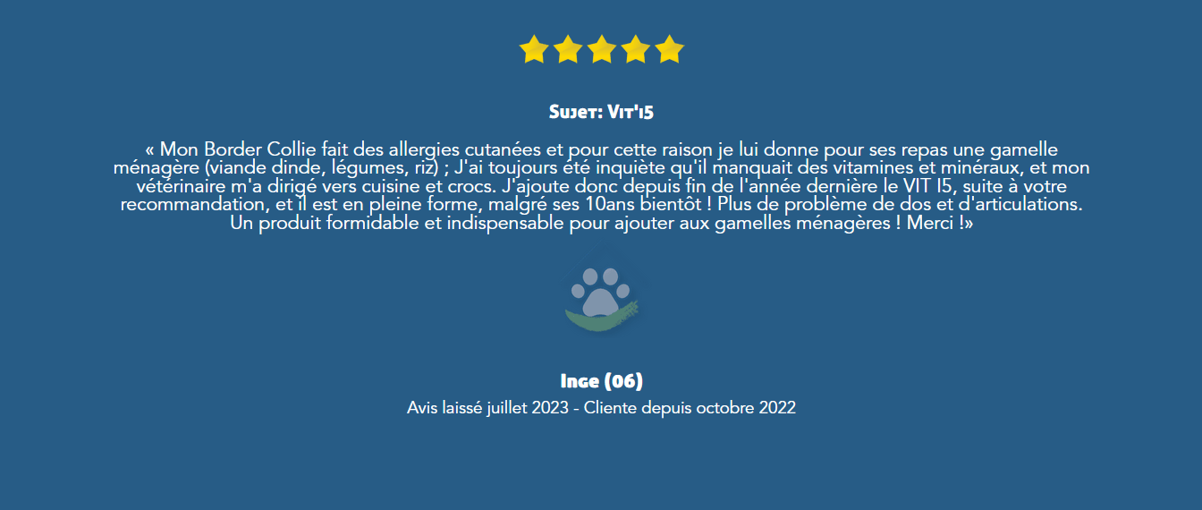 Avis du Inge sur le produit Vit'i5 pour son chien